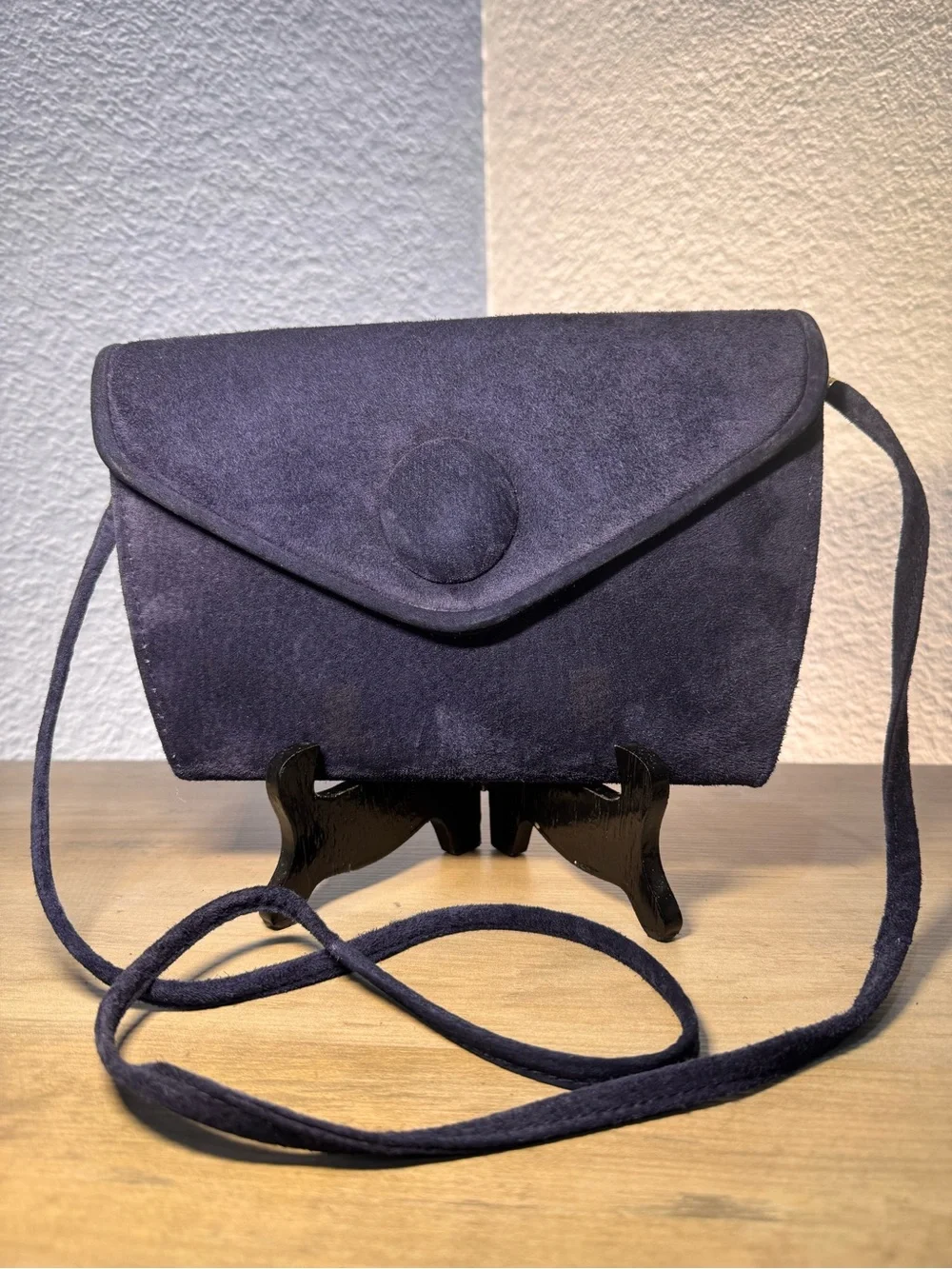 Vintage Rush Hour Navy Suede Crossbody Clutch Detachable Strap Gold Tone Purse